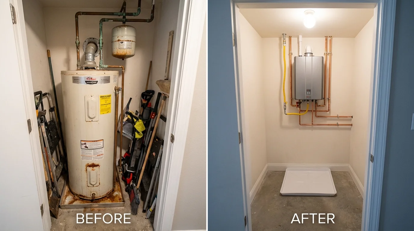 Tank water heater versus wall-mounted tankless unit comparison for Lancaster, PA homeowners