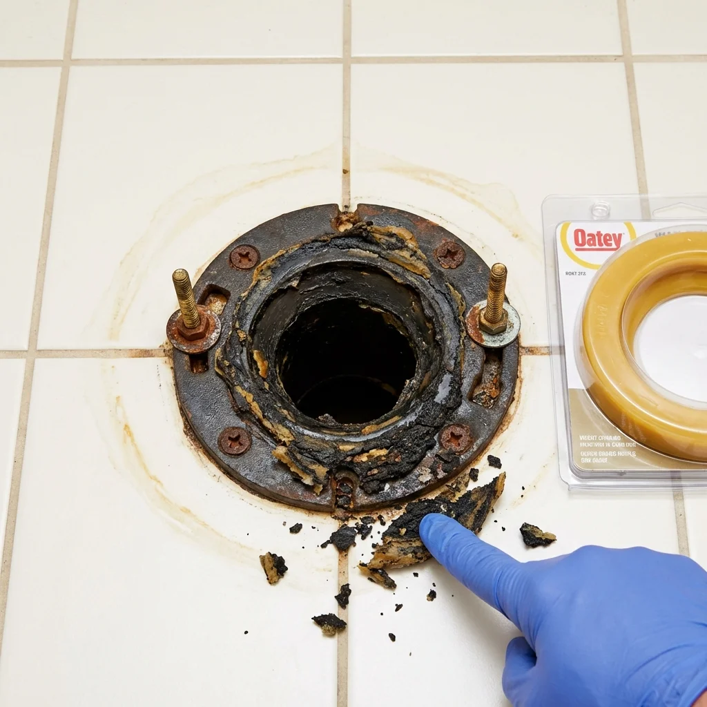 Failed wax ring showing water seepage at the base of a toilet in a Lancaster, PA home