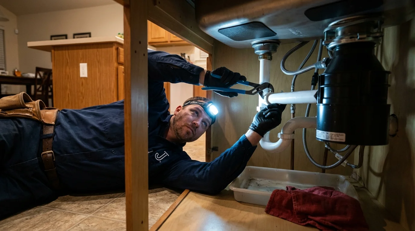P-trap and supply line connections under a kitchen sink showing a common leak point in Lancaster, PA